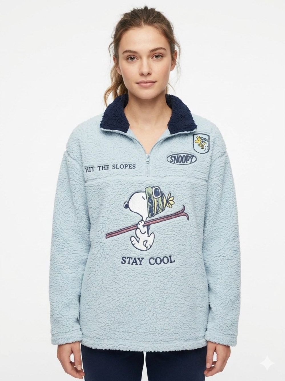 Large Peanuts Snoopy Hit The Slopes Stay Cool Sherpa Quarter-Zip Pullover Fleece